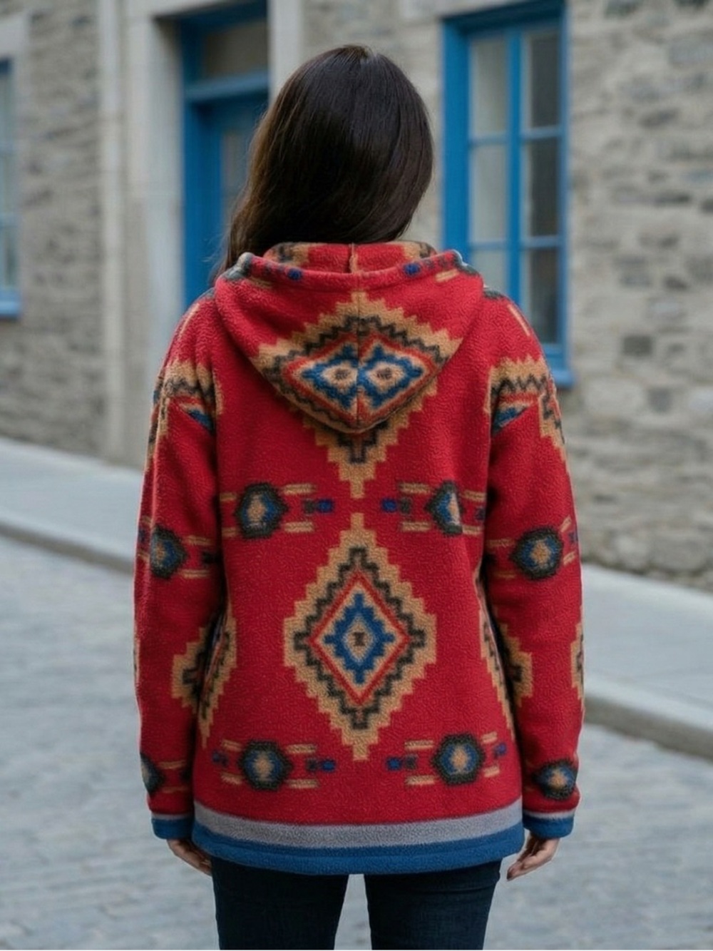 Bold Southwestern Inspired Geometric Navajo Red Sweater With Side Pockets - Picture 2 of 7